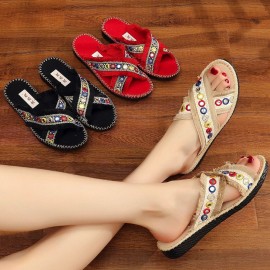 Women Folkways Circle Sequined Handmade Embroidered Peep Toe Slippers