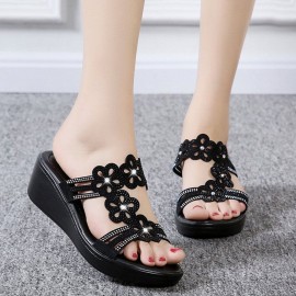 Women Casual Hollow Rhinestone Flowers Peep Toe Wedges Sandals