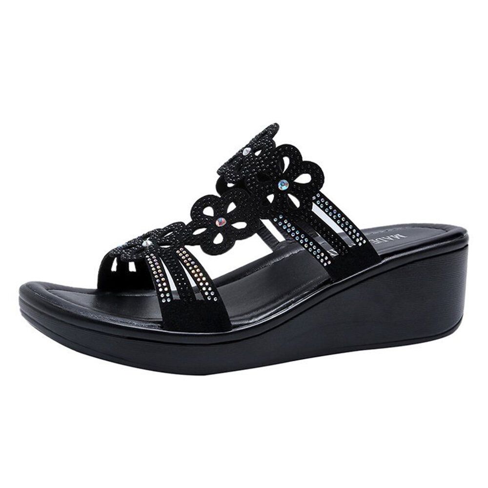 Women Casual Hollow Rhinestone Flowers Peep Toe Wedges Sandals