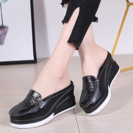 Women Pattern Hollow Leather Comfy Breathable Platform Backless Slippers