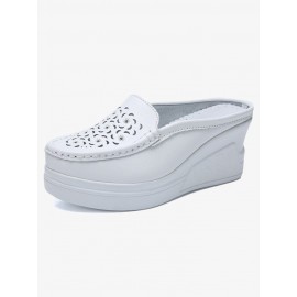 Women Pattern Hollow Leather Comfy Breathable Platform Backless Slippers