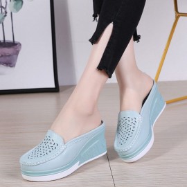 Women Pattern Hollow Leather Comfy Breathable Platform Backless Slippers